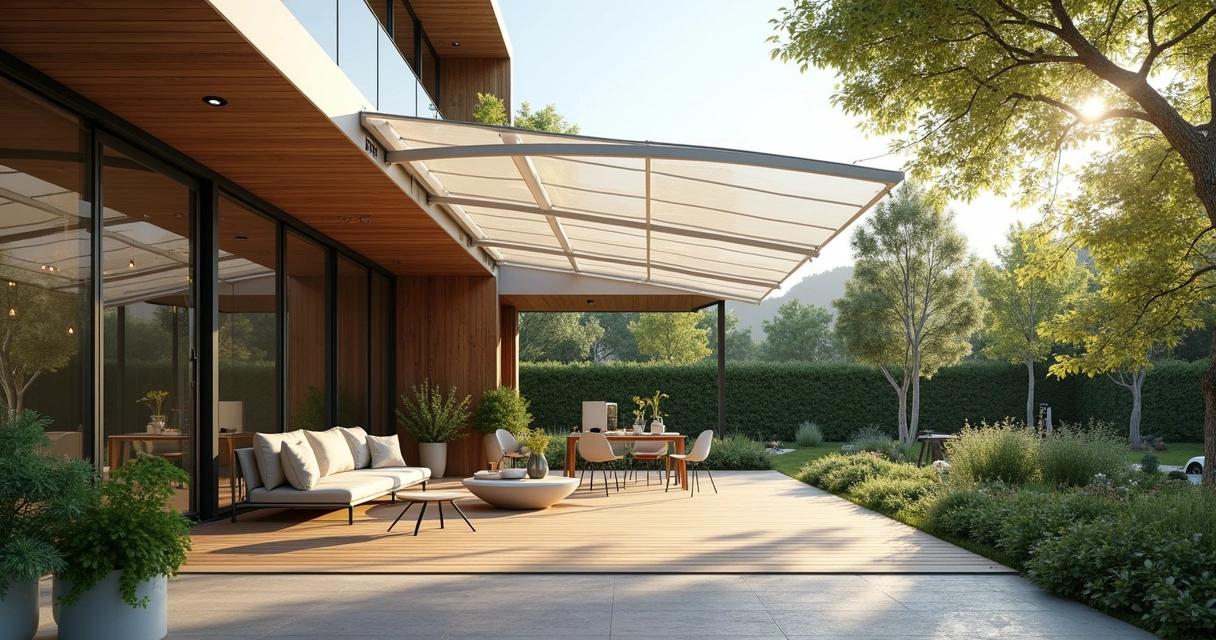 Toldo transparente: quando usar e quais cuidados você deve ter 1 Toldo transparente instalado em área externa com jardim