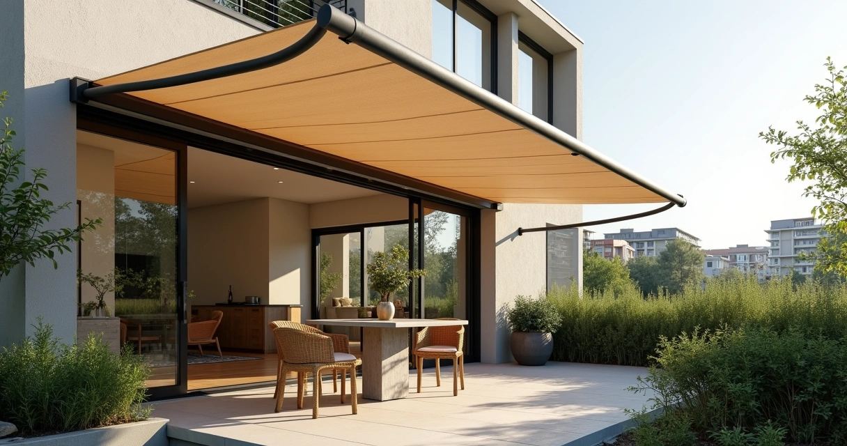 Toldo moderno instalado em varanda de residência 