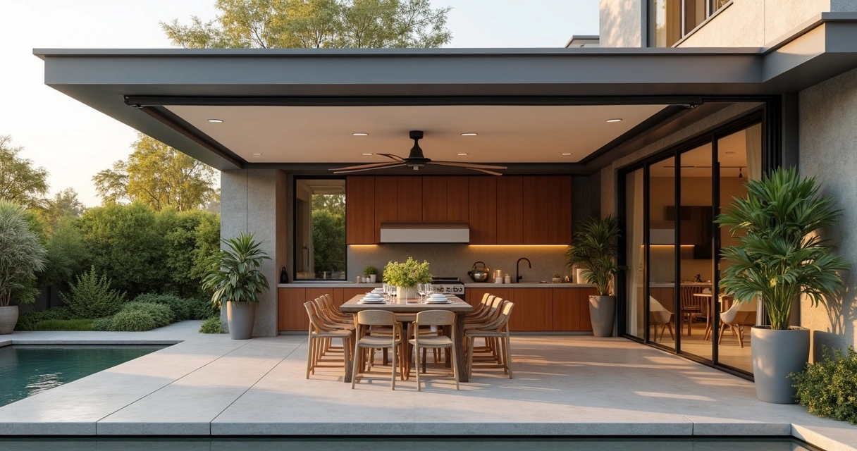 Toldo retrátil claro instalado em varanda gourmet moderna 