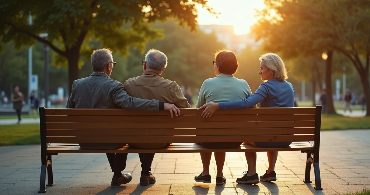 Duas pessoas sentadas frente a frente em um banco de praça, com expressões neutras e postura distante de um lado e postura acolhedora do outro 