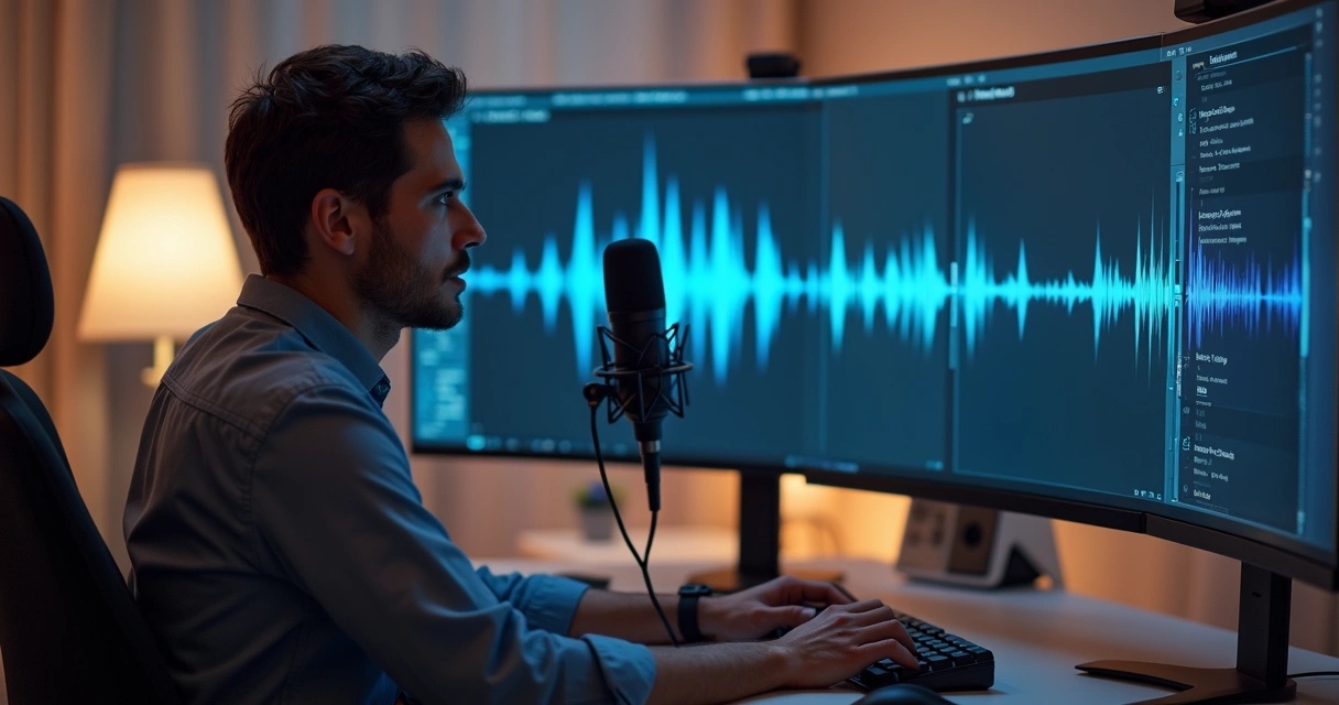 Profissional usando microfone e sintetizador de voz, explorando diferentes tons em uma mesa de trabalho. 