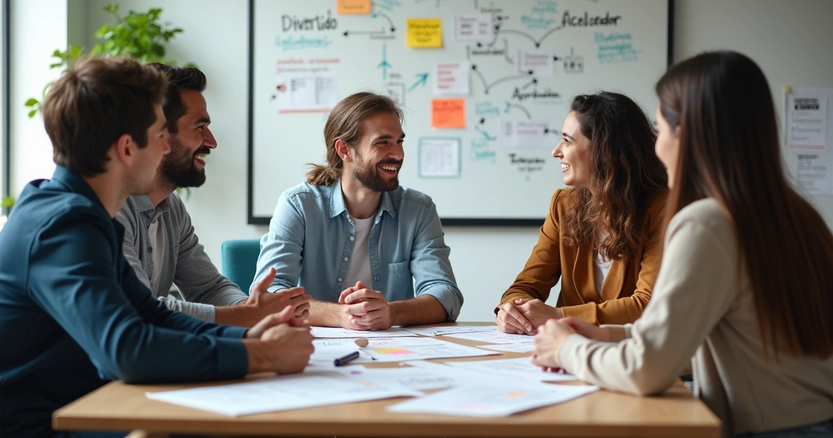 Equipe em reunião discutindo a comunicação da marca 