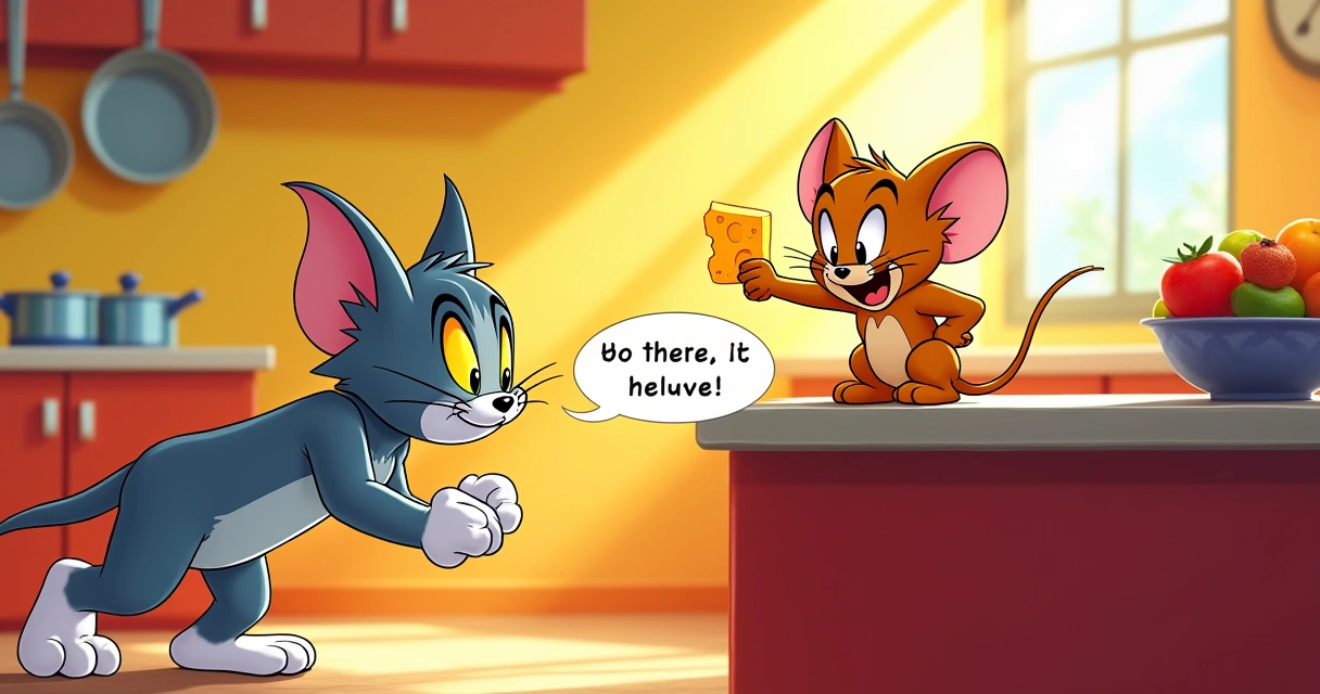 Tom e Jerry em uma divertida batalha na cozinha, com queijo e utensílios coloridos ao redor. 
