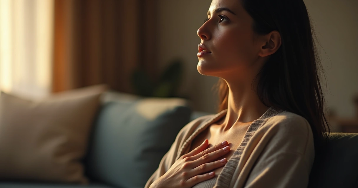 Persona pensando con mano en el pecho y expresión reflexiva, interior iluminado 