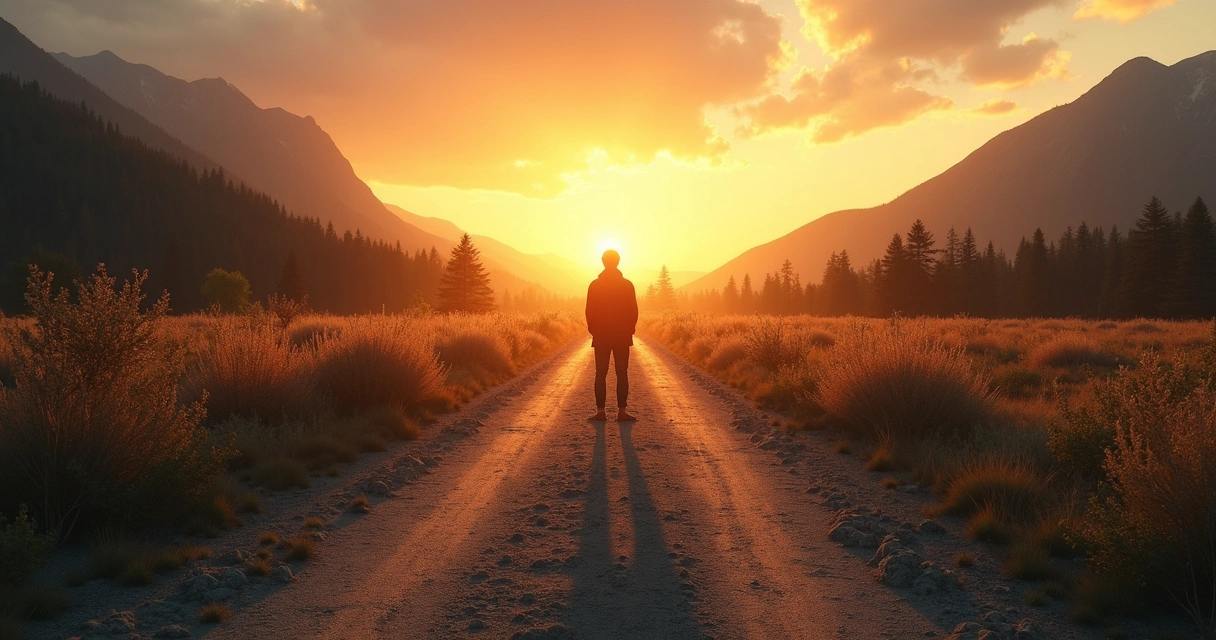 Persona de pie frente a una bifurcación del camino al atardecer, reflexionando sobre su elección. 