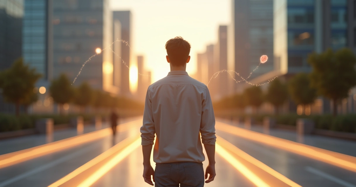 Persona reflexionando ante varias opciones de camino en un entorno urbano luminoso 