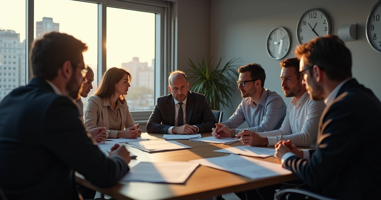 Grupo de personas decidiendo juntas en una sala con expresión seria 
