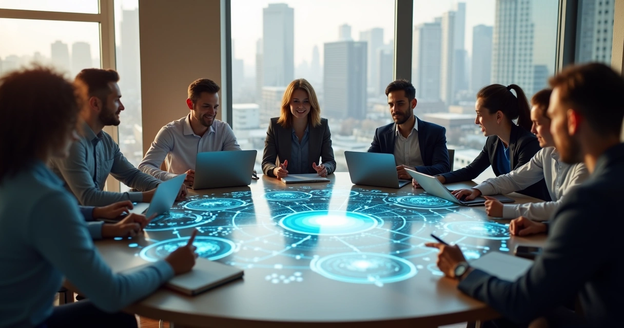 Personas en una mesa redonda analizando decisiones con un esquema sistémico interconectado 