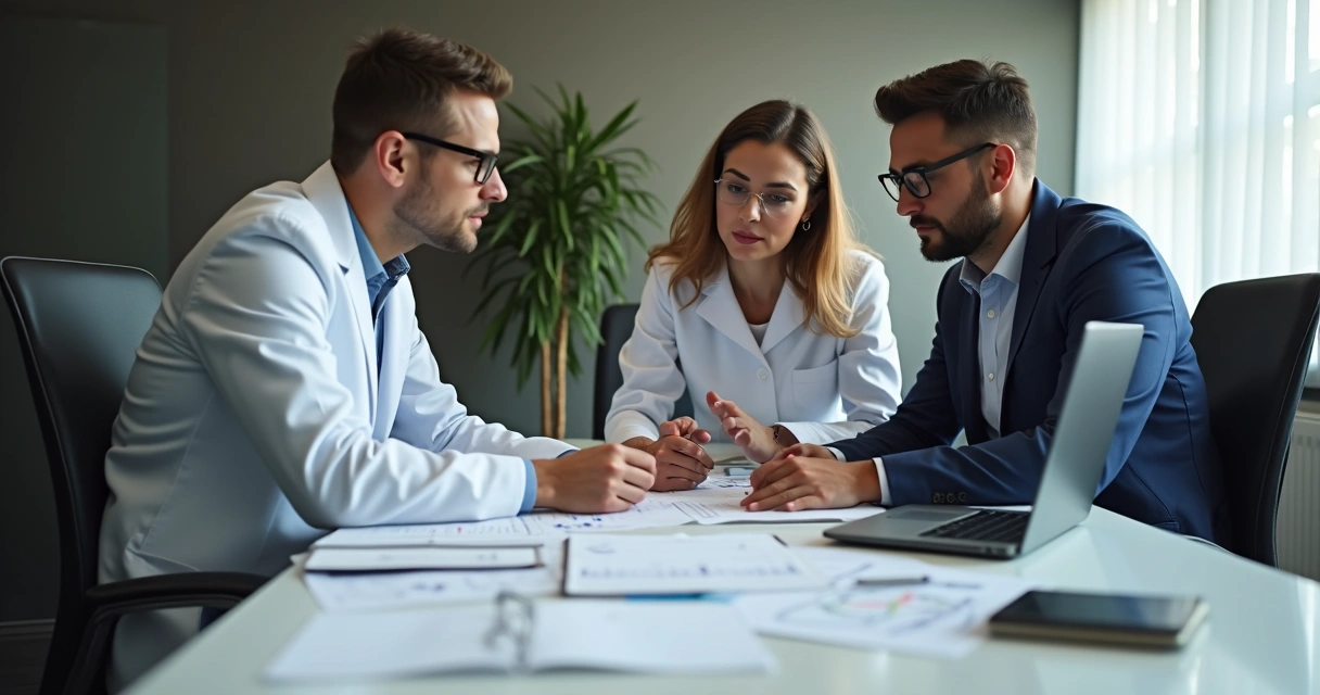 Dentista e equipe analisando propostas de agências odontológicas 