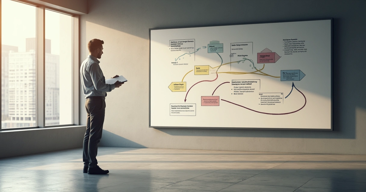 Pessoa em frente a um painel com caminhos diferentes, avaliando opções calmamente