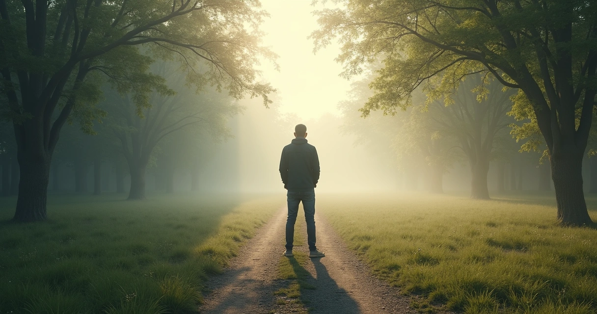 Pessoa parada em uma encruzilhada, refletindo antes de seguir caminho.