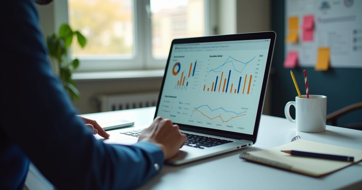 Profissional tomando decisão com base em dados na tela do notebook 