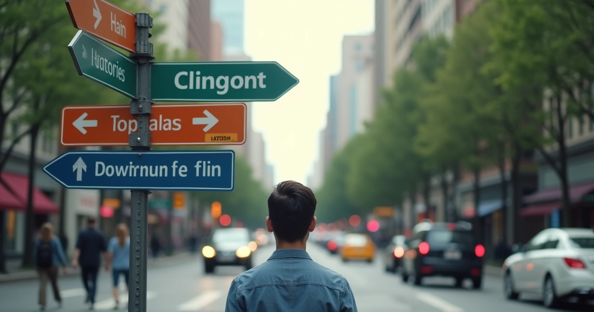 Pessoa olhando para várias opções de caminho em uma placa de sinalização em ambiente urbano 