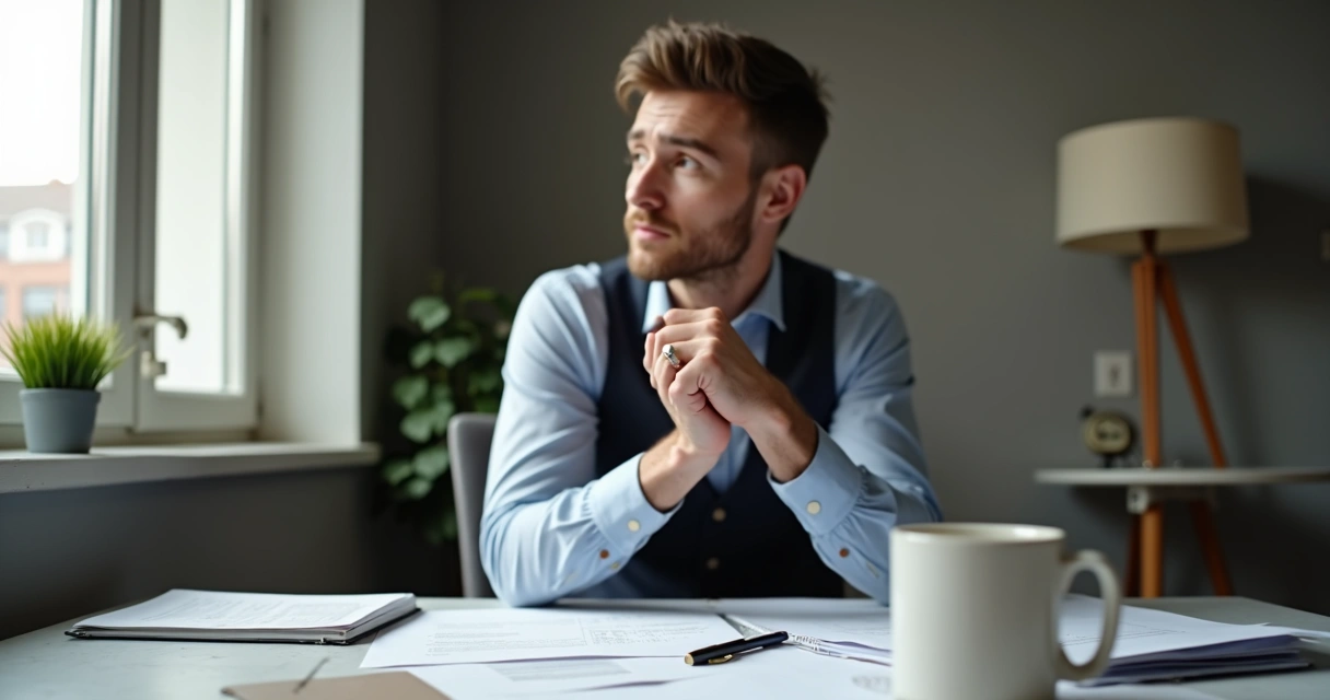 Homem refletindo antes de tomar uma decisão