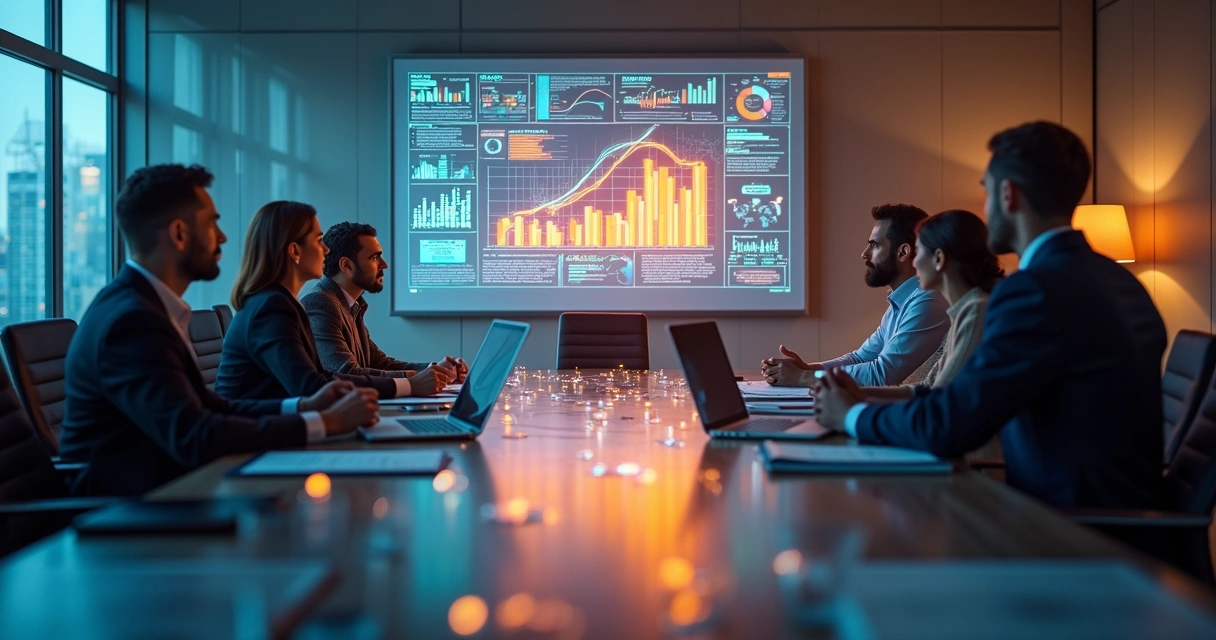 Mesa de reunião de empresa com equipe analisando gráficos digitais
