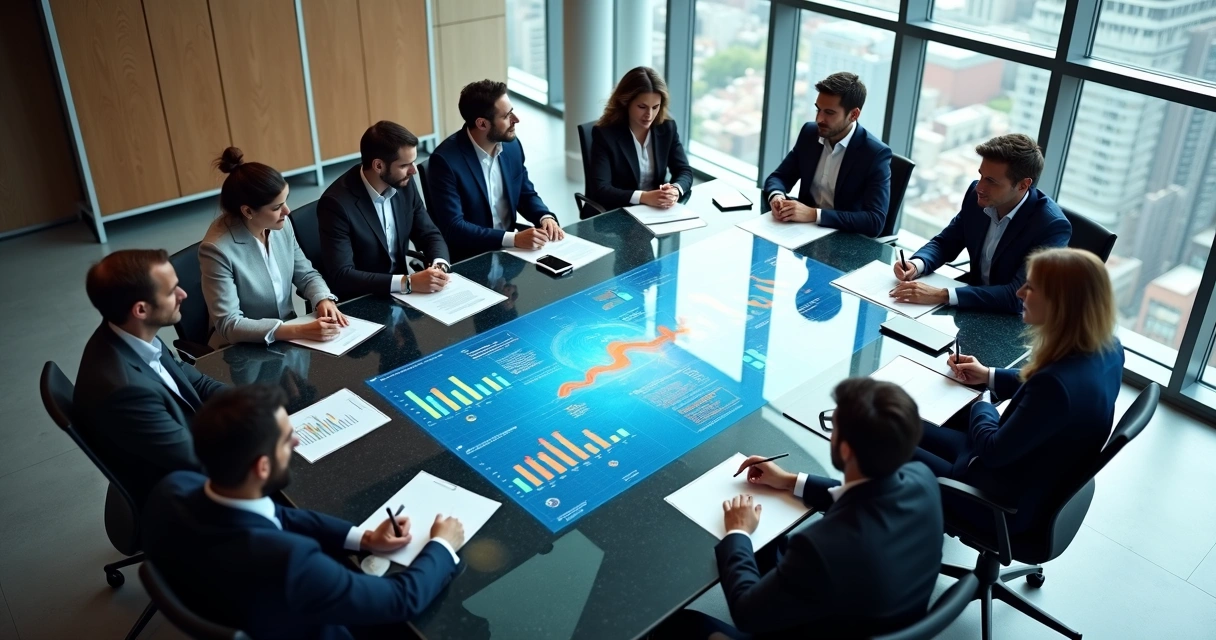 Reunião empresarial analisando gráficos digitais 