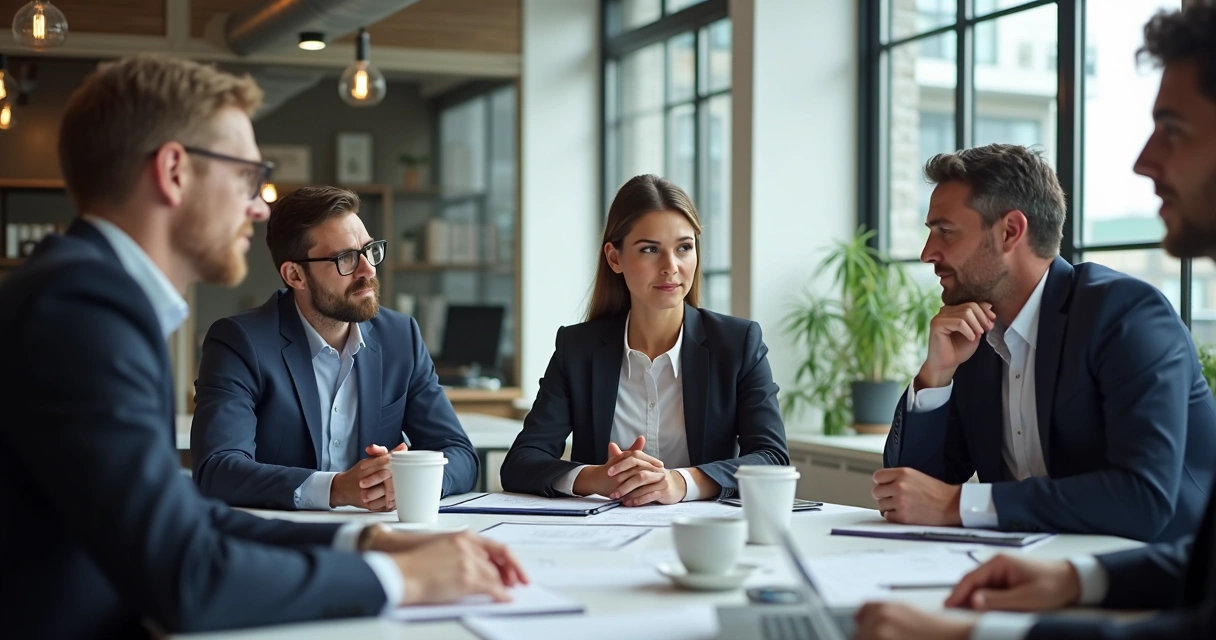 Executivos tomando decisões em reunião ao redor de mesa, papéis e laptops em destaque