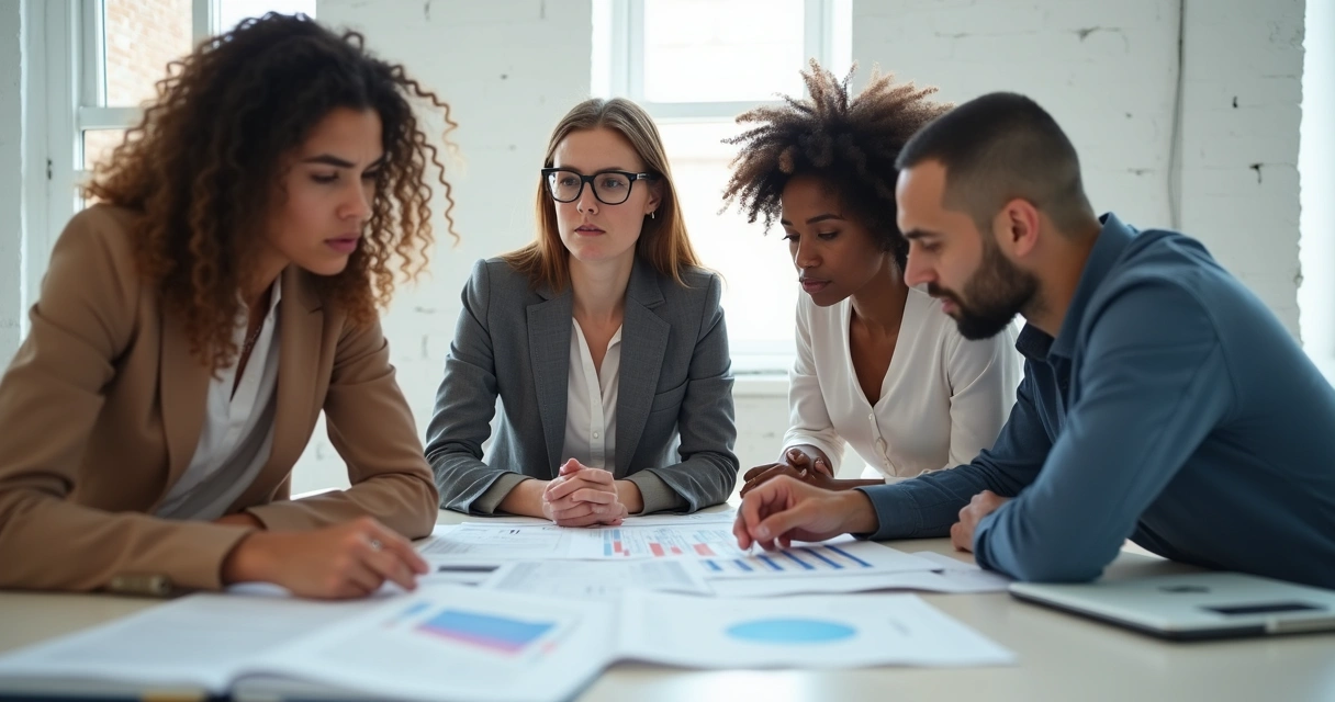 Três pessoas discutindo opções diante de documentos e gráficos