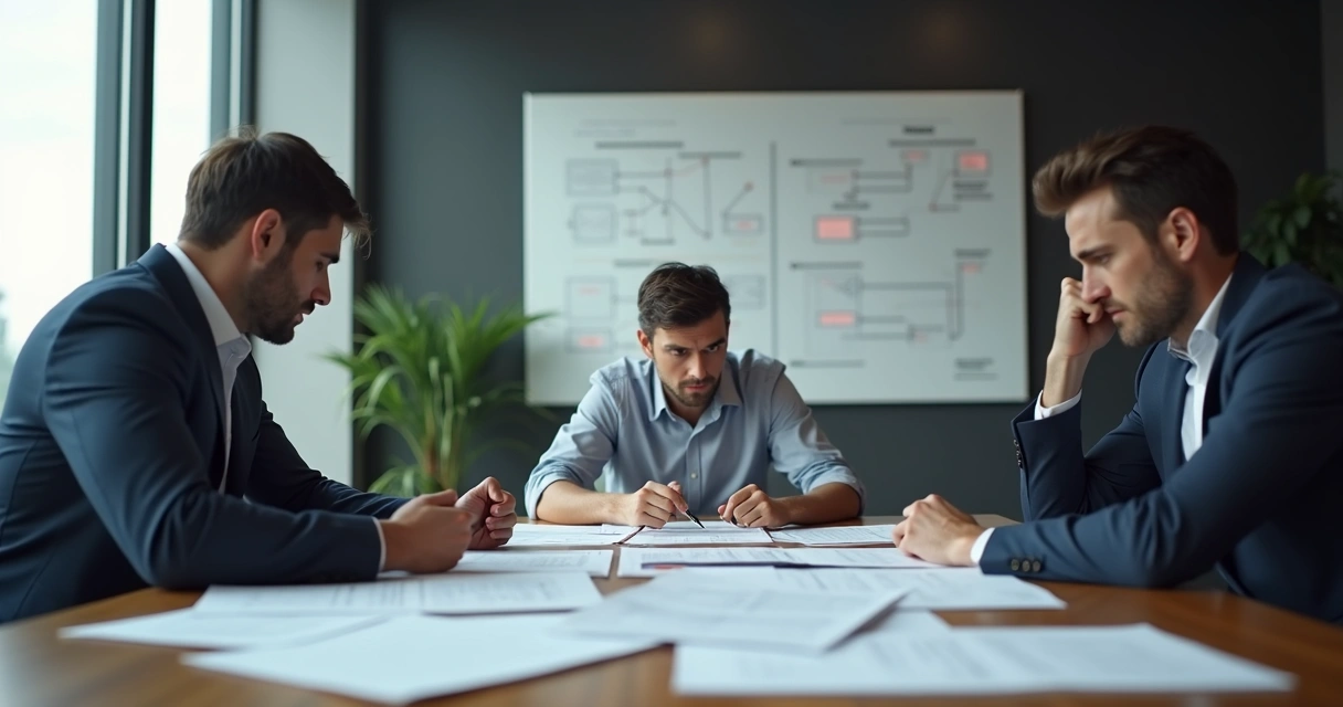 Três pessoas ao redor de mesa discutindo documentos, clima de tensão sutil 