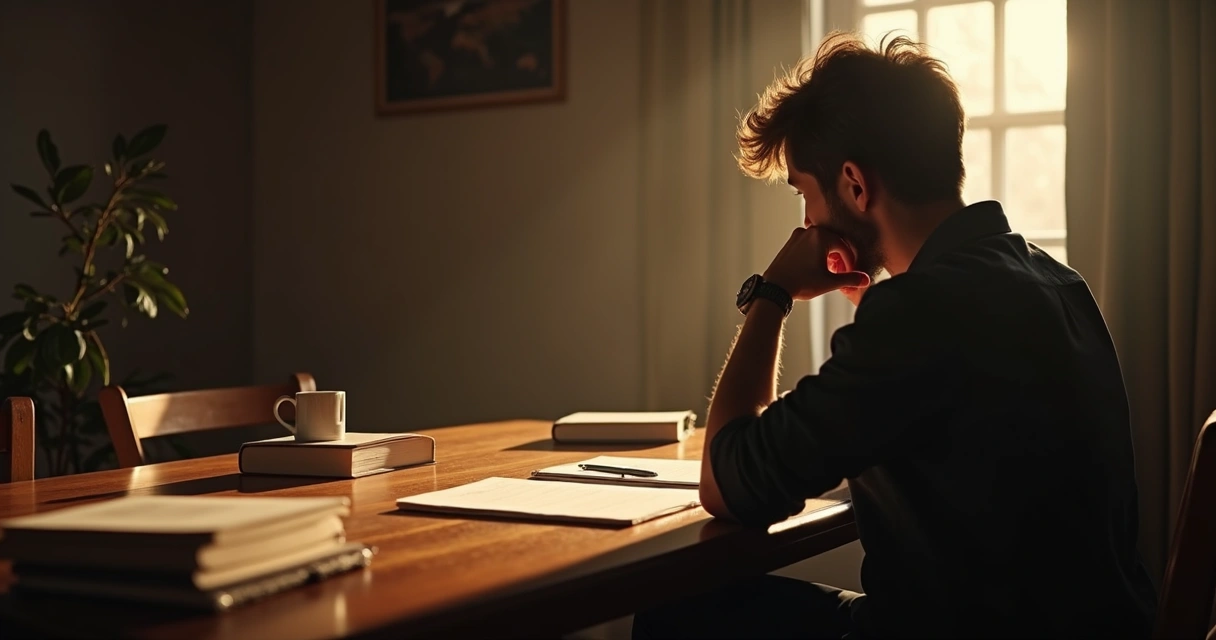 Pessoa refletindo sozinha em uma sala iluminada por luz suave 