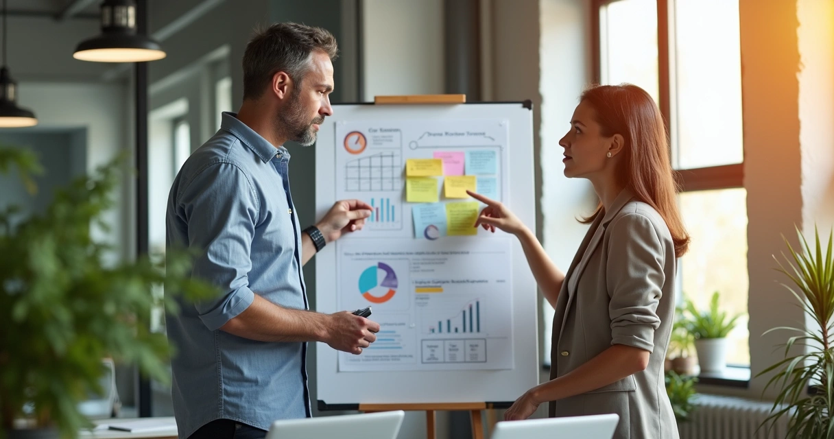 Pessoa em reunião analisa opções em quadro, refletindo sobre consequências das decisões 