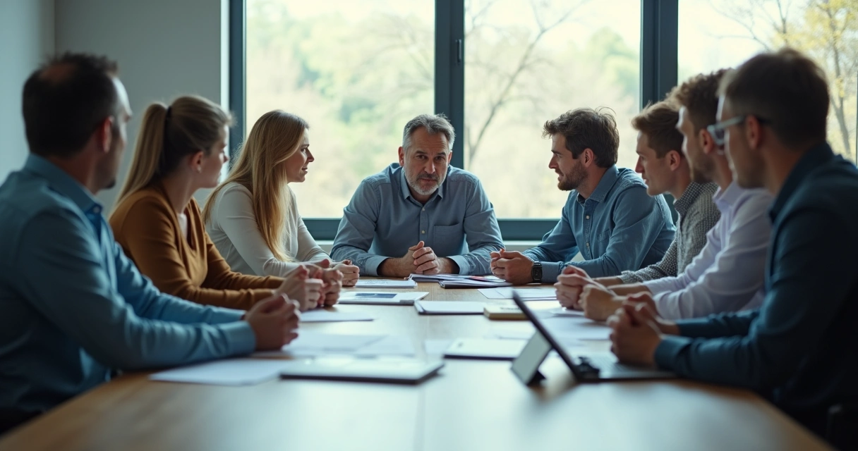 Mesa de reunião com diferentes pessoas discutindo uma decisão, algumas desconfortáveis, papéis e tablets na mesa