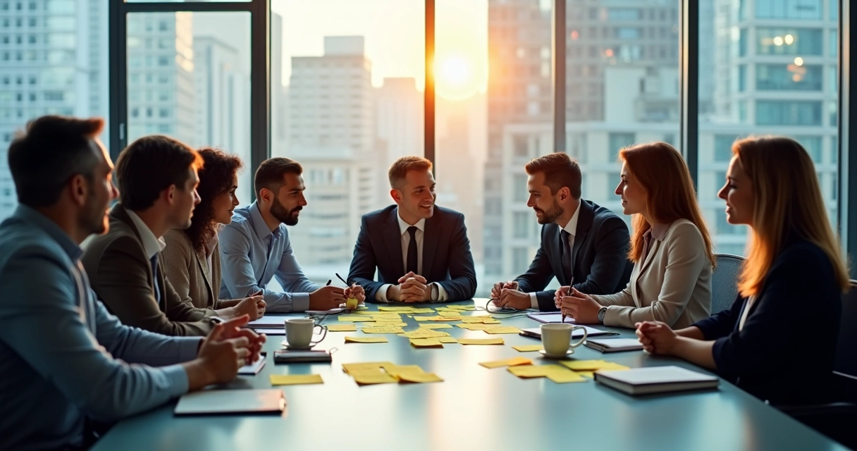 Equipe corporativa reunida debatendo soluções éticas para um dilema em ambiente de trabalho 