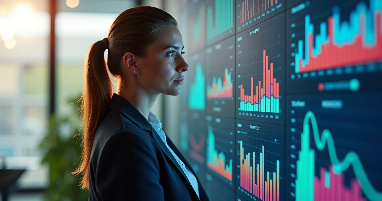 Gestora observando painéis financeiros para decisão 