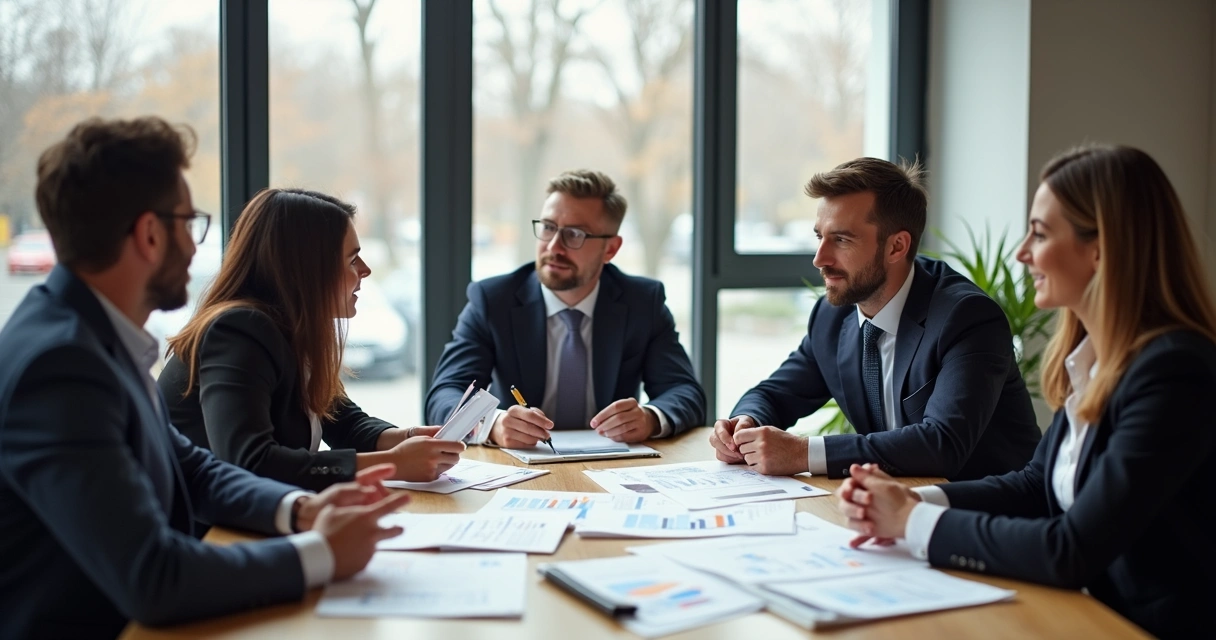 Gestor de loja analisando gráficos financeiros com equipe 