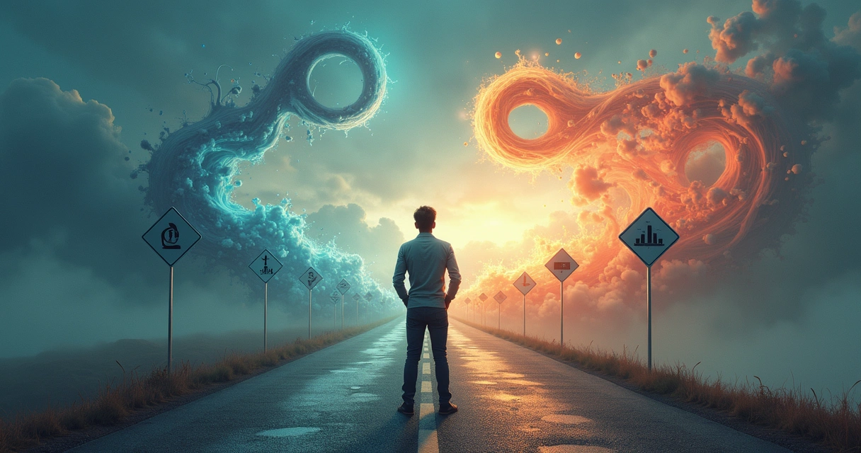 Decisão sendo tomada entre dois caminhos, um lógico e outro intuitivo. 