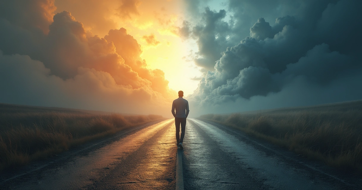 Pessoa olhando para dois caminhos diferentes em uma paisagem de bifurcação 