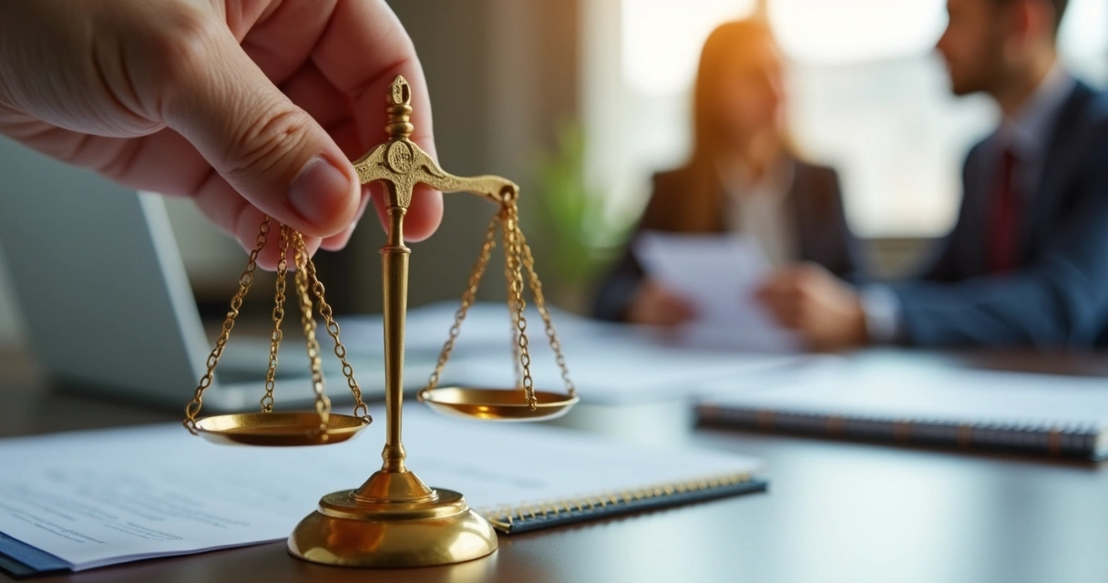 Mão segurando balança simbólica em reunião de trabalho