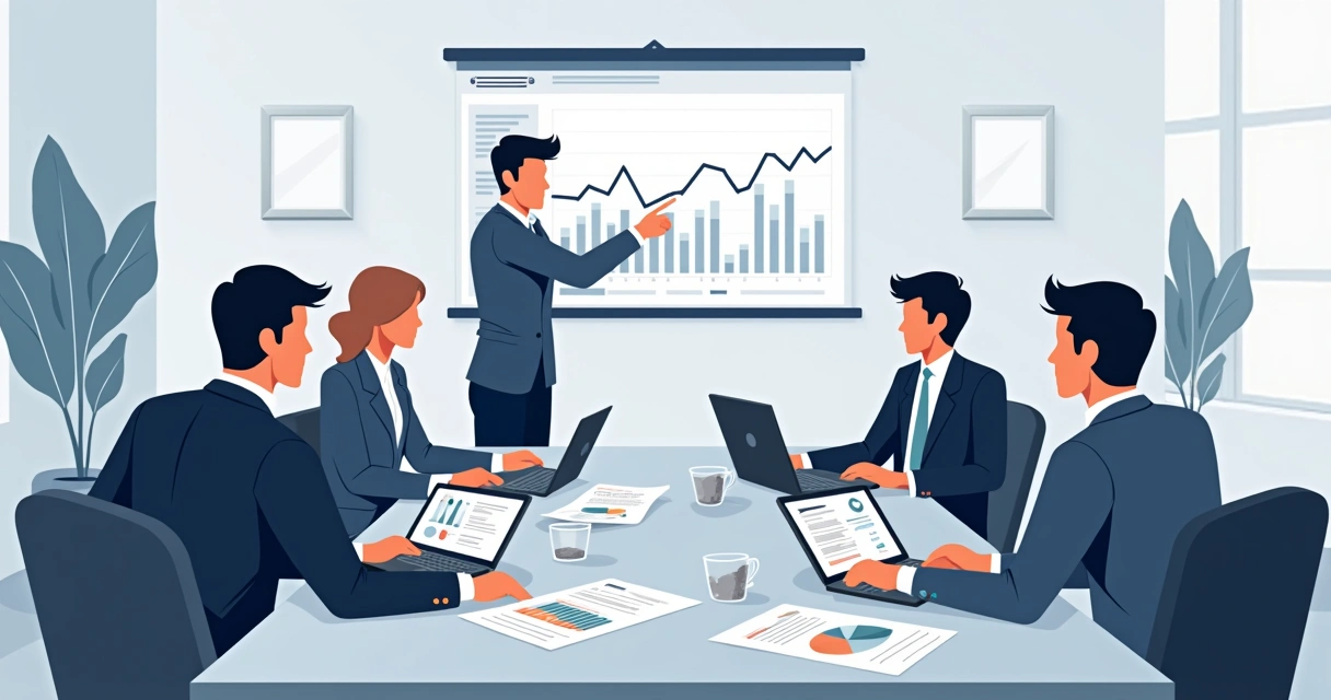 Equipe empresarial tomando decisão com gráficos e relatórios na mesa 