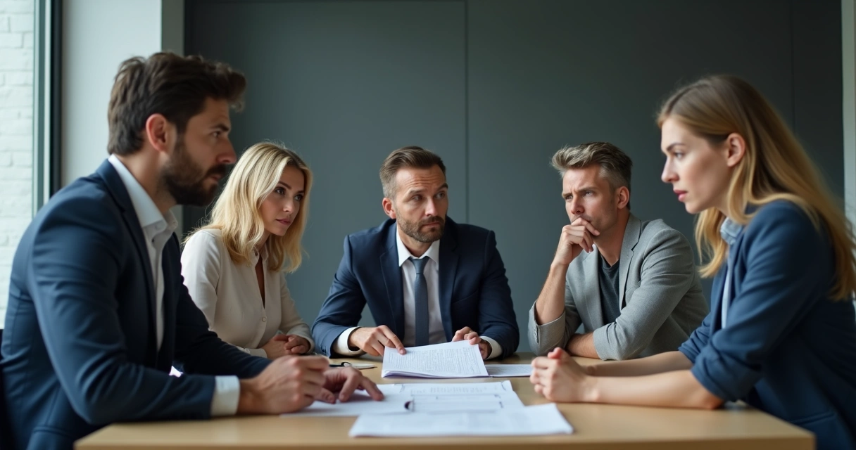 Líder em reunião olhando relatório enquanto equipe parece confusa 