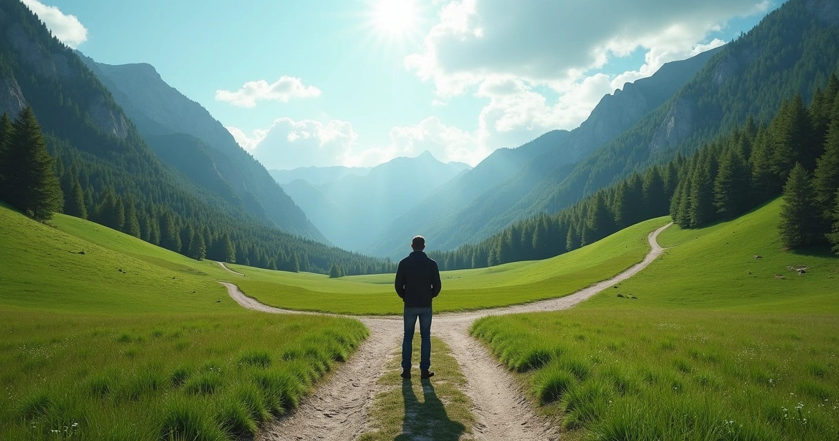 Pessoa olhando para duas estradas divergentes em cenário natural