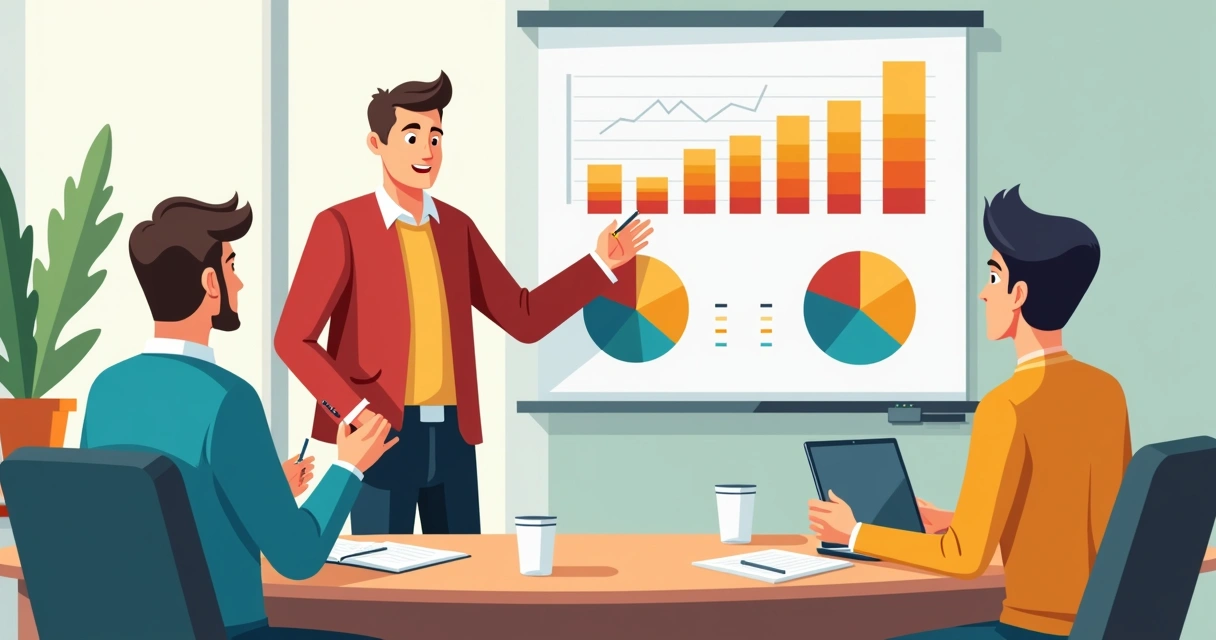 Reunião rápida em PME com dono apontando gráficos em quadro branco 