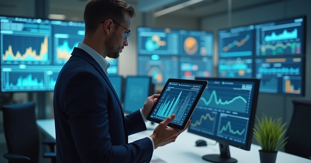 Gestor empresarial usando tablet com gráficos preditivos ao fundo 