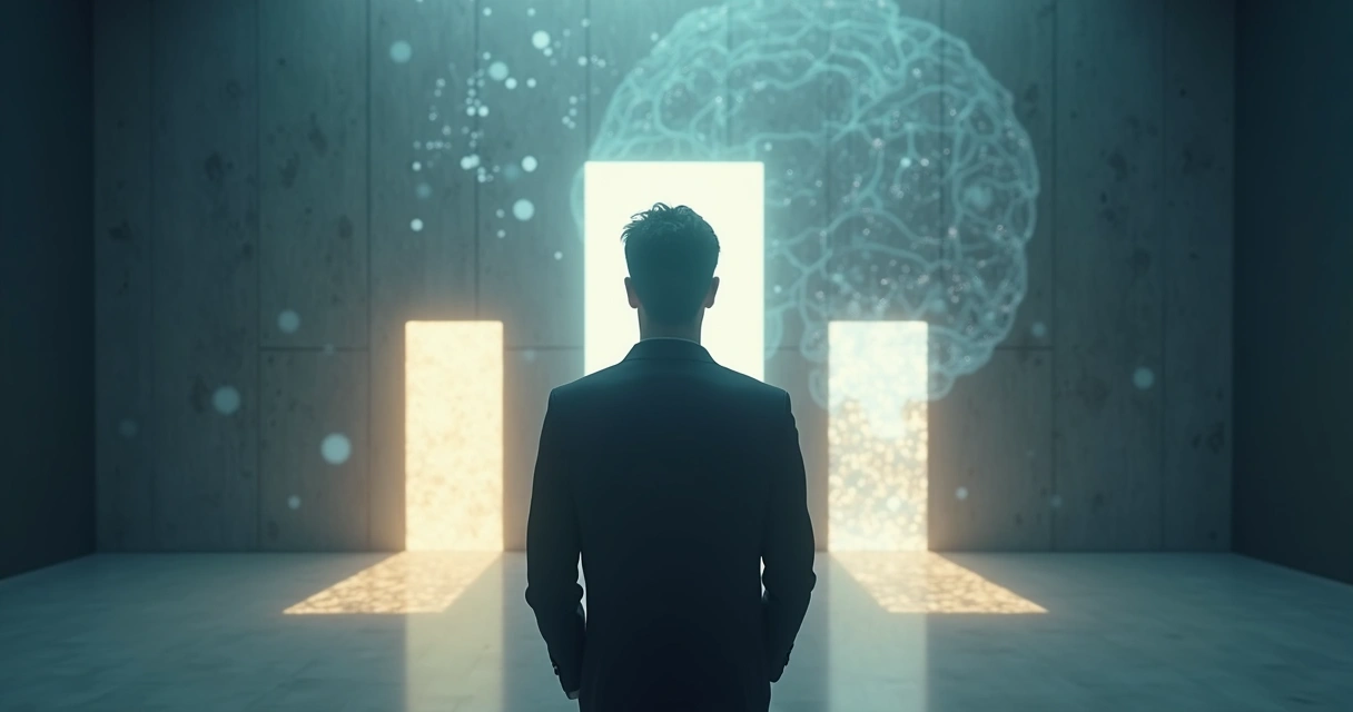 Pessoa diante de três caminhos luminosos tomando decisão sob pressão 