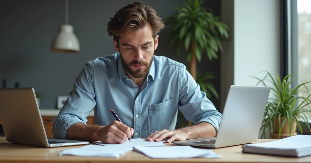 Homem sentado à mesa com expressão reflexiva, analisando um bloco de notas e vários papéis. 