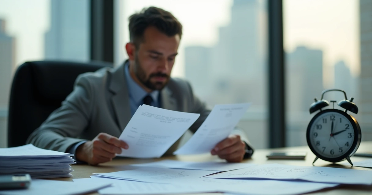 Pessoa decidindo rapidamente em um escritório, olhando concentrada para duas opções em papéis diferentes. 
