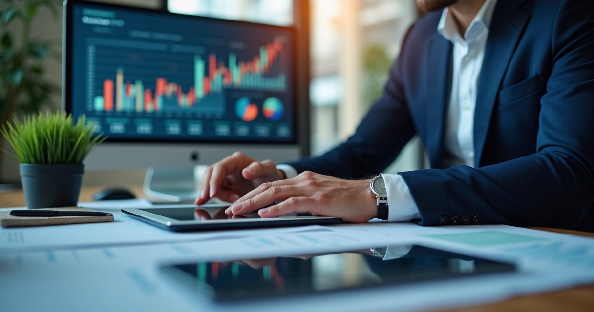 Gestor decidindo com dashboard na tela 