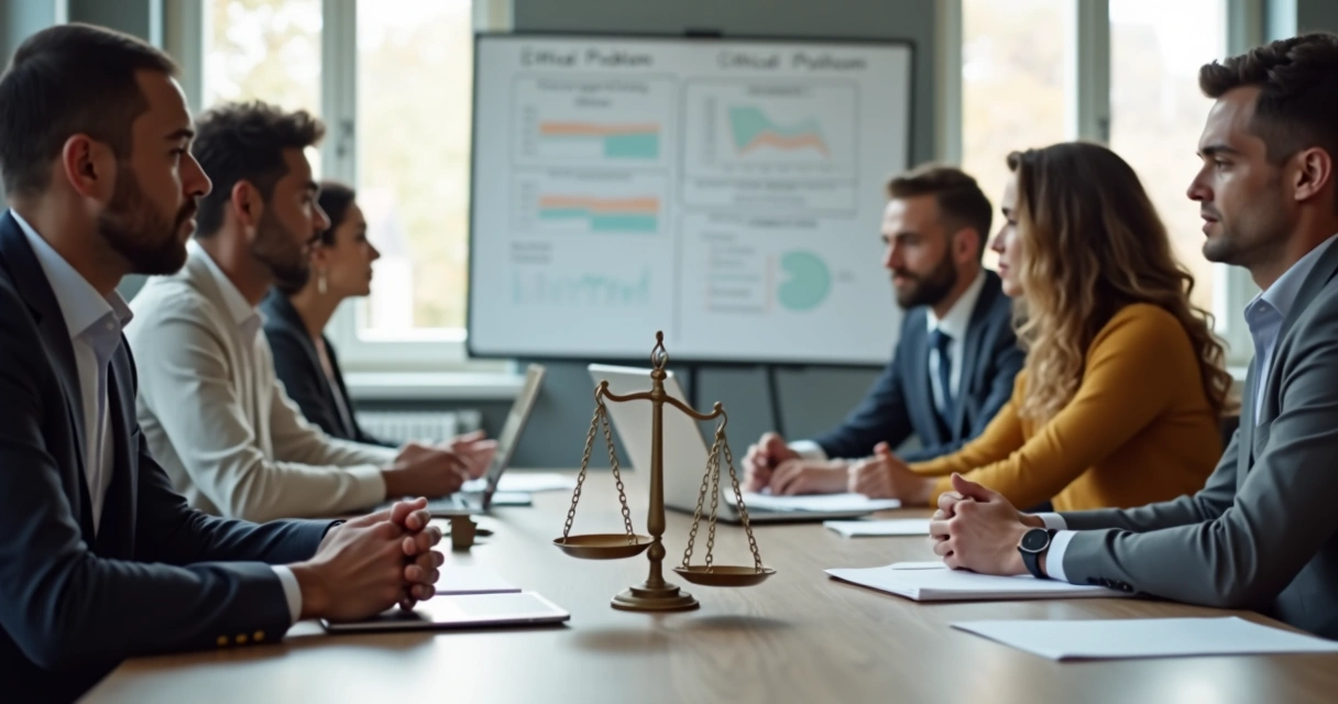 Grupo de pessoas debatendo dilemas éticos em uma mesa de trabalho 