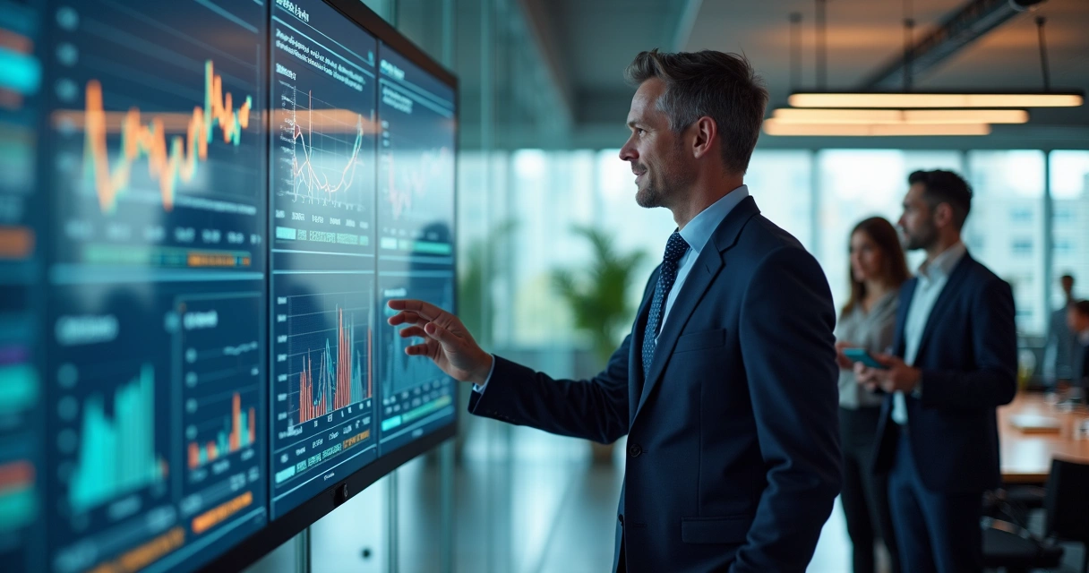 Gestor analisando dashboards com indicadores para tomada de decisão empresarial