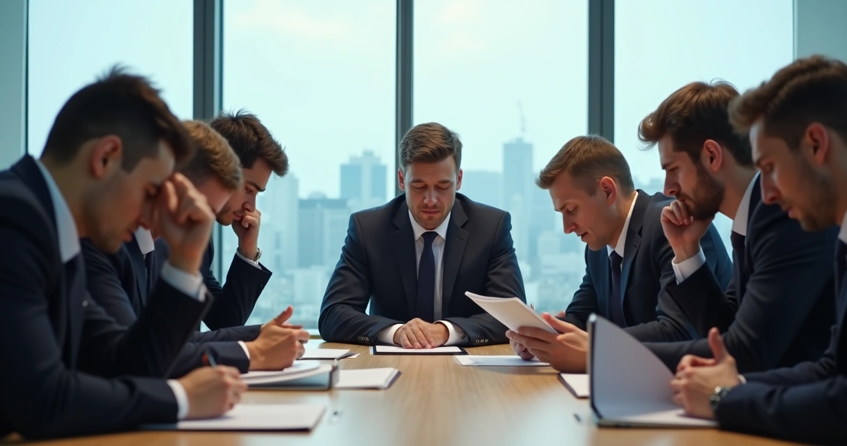Pessoas reunidas em sala de reunião demonstrando tensão e análise de documentos 