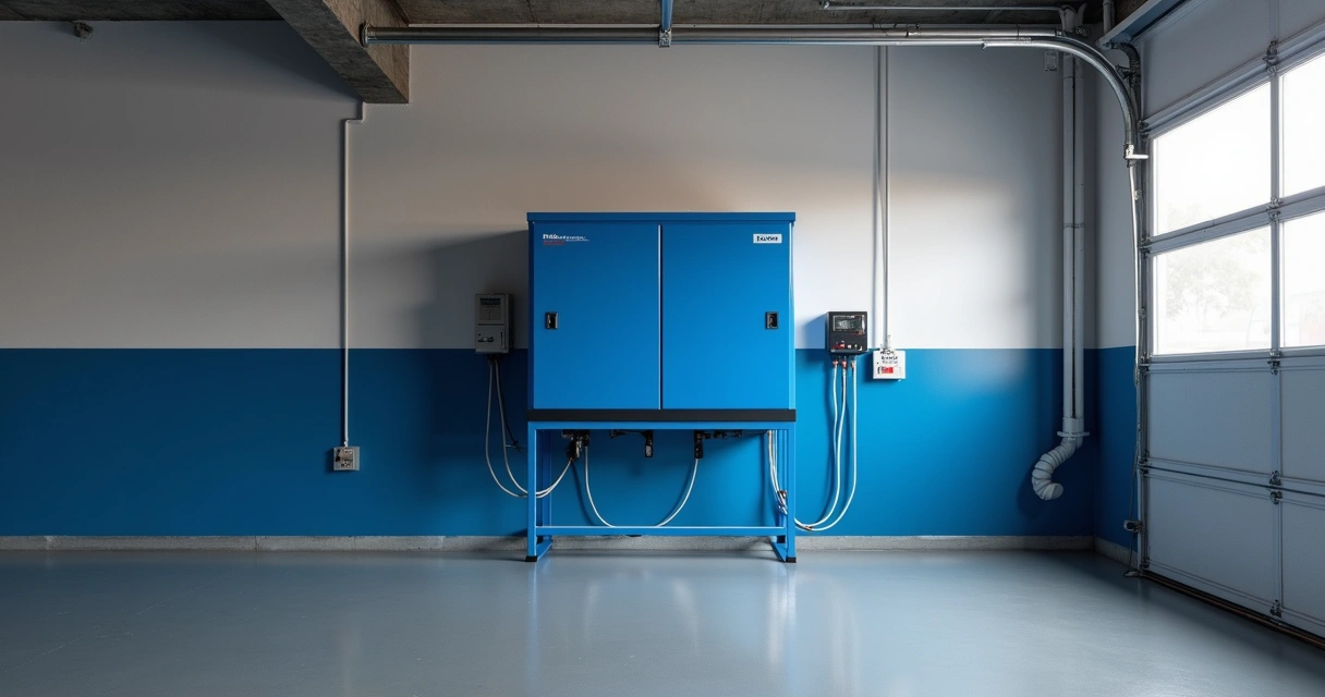 Tomada azul industrial instalada em parede de garagem de casa
