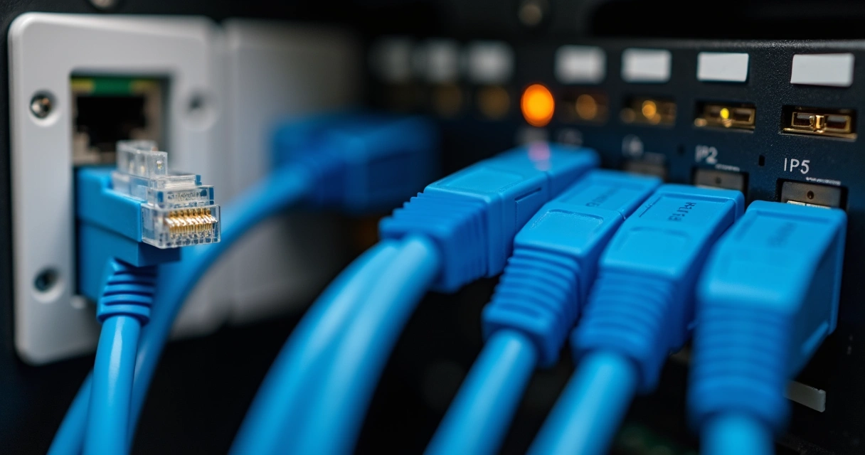 Tomada RJ45 fêmea e patch panel instalados em rack de rede