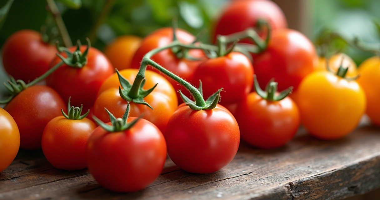 Variedades de tomates em uma mesa de madeira