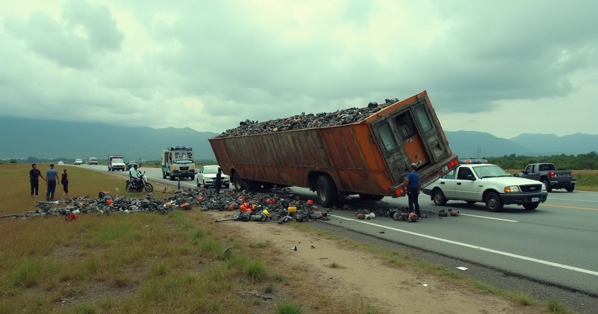 Caminhão tombado em rodovia com ferramentas elétricas espalhadas 