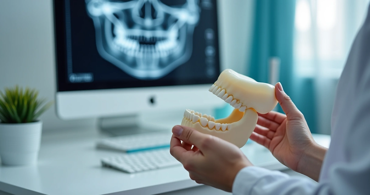 Tomografia odontológica ao lado de modelo de arcada dentária 