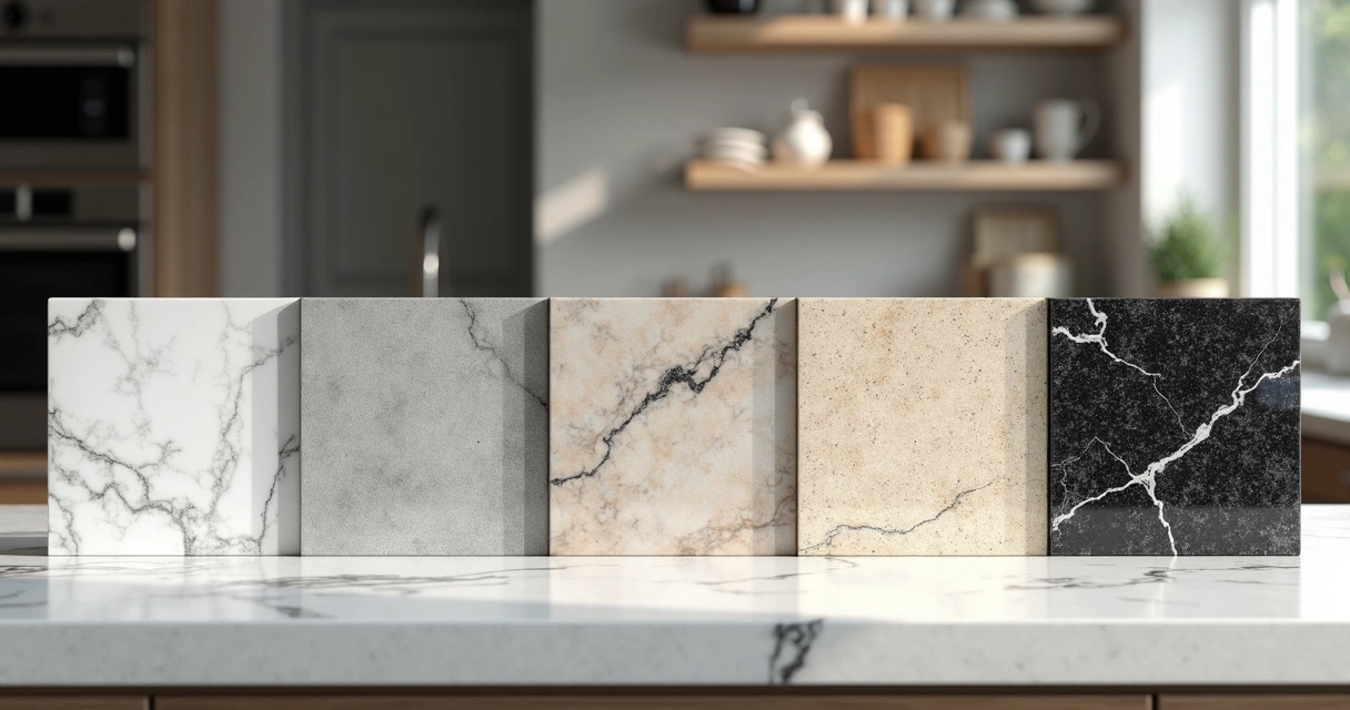 Amostras de quartzo em várias tonalidades em bancada de cozinha 